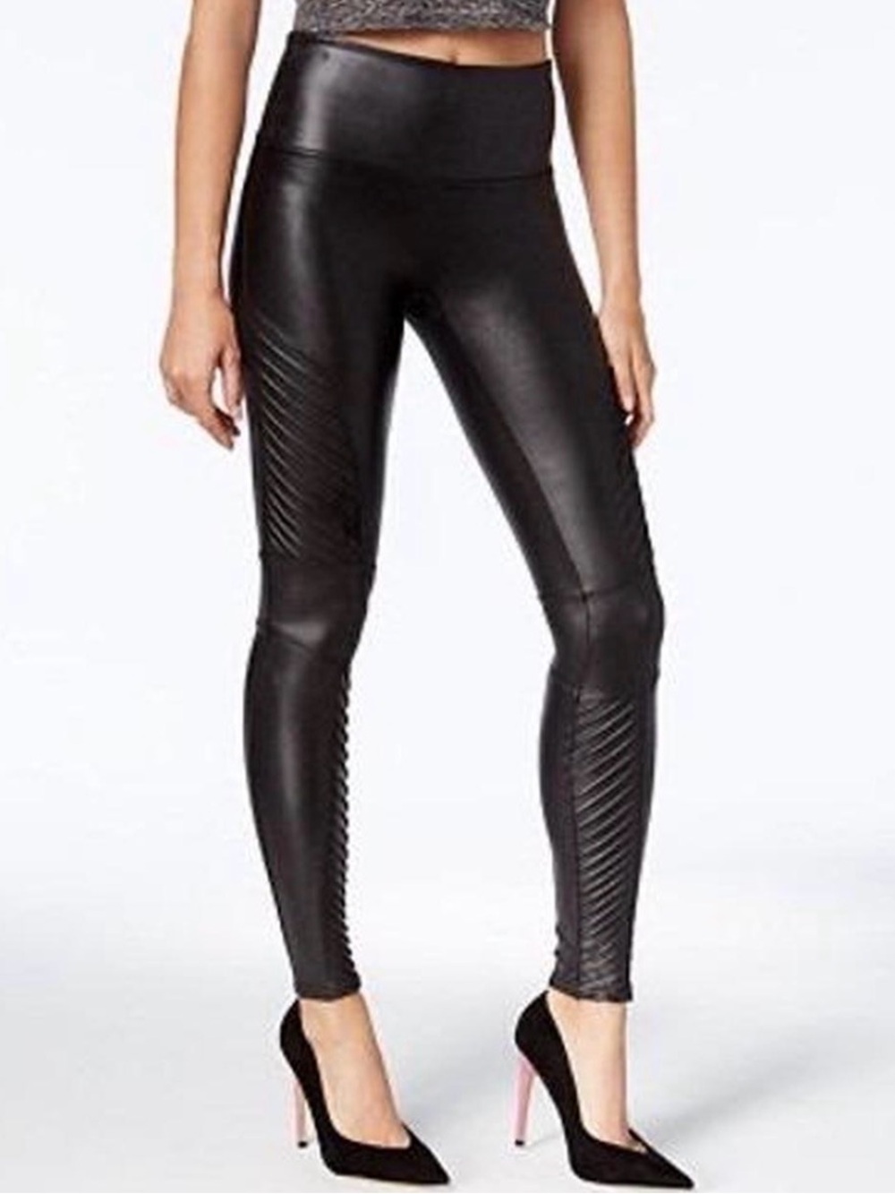 EUC SPANX Black Faux-Leather Moto Leggings